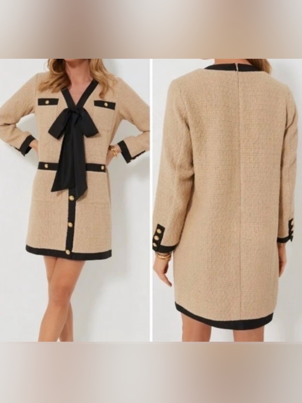 Tuckernuck Pomander Place Tan Coco Tweed Black Bow Dress